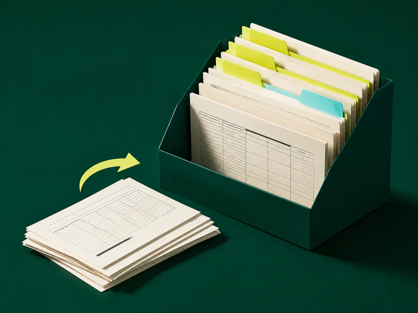 Illustration of bank statements sorted into a green document tray.
