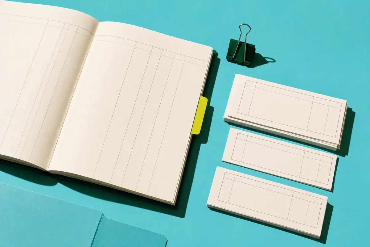 A tidy arrangement of paperwork and a notebook in the TaxAI landing-page illustration style.